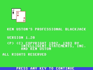 Ken Uston's Professional Blackjack title screen for Commodore 64